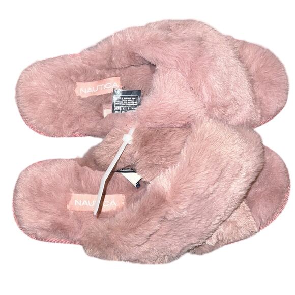 Nautica Aren Pink Faux Fur Slippers Size 6 NWOB Cozy Open Toe Slides - Picture 2 of 6